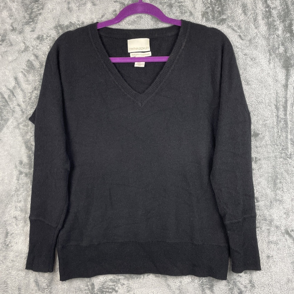 Cynthia Rowley Sweater Womens XS Black 100% 2 Ply Cashmere V Neck Quiet Luxury